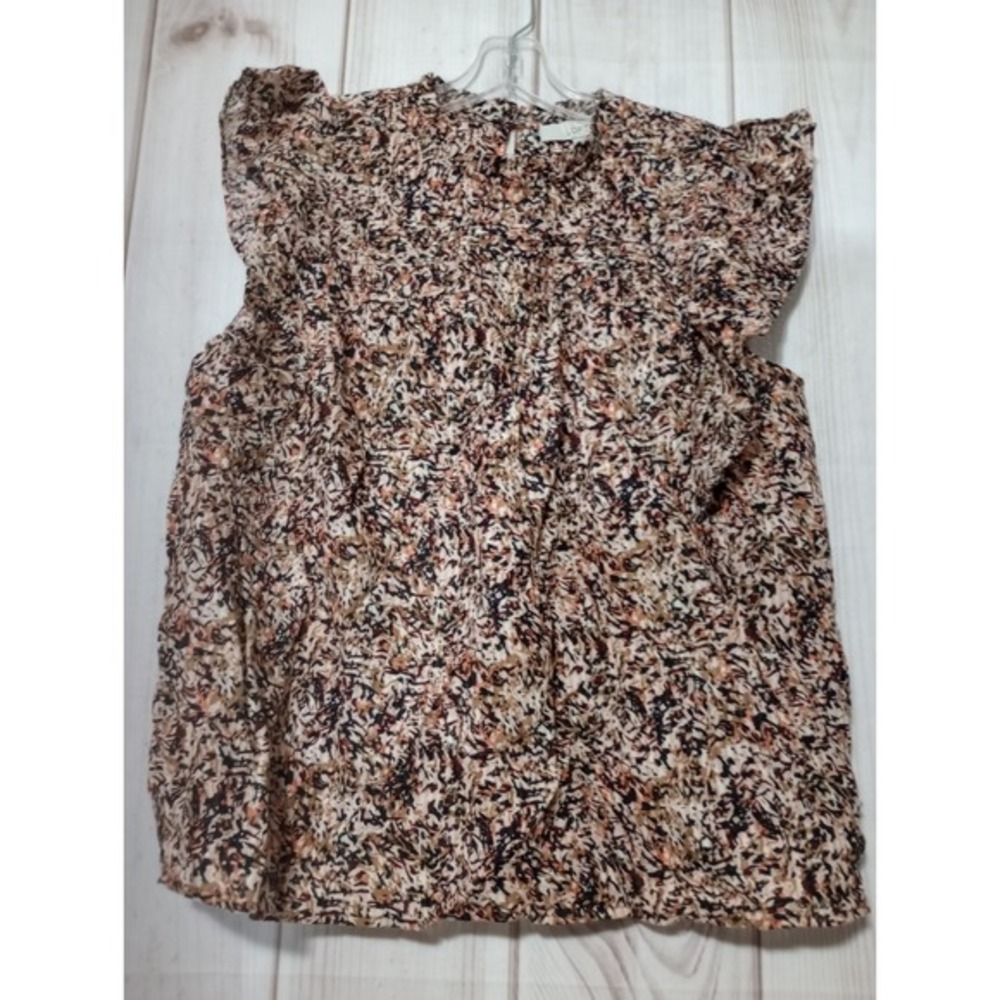 Loft Abstract Print Ruffle Smock Neck Sleeveless Blouse‎ Top Large Brown Black